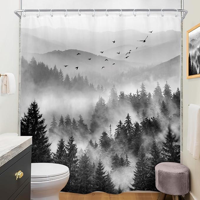 Riyidecor Black and White Shower Curtain 72Wx96H Inch Extra Long Mountain - Image 4