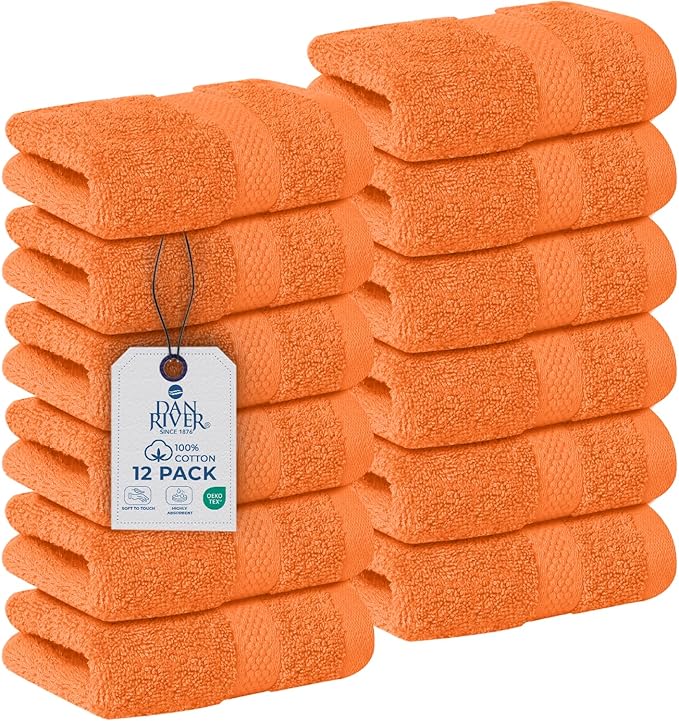 DAN RIVER 12-Pack Premium 100% Cotton Orange Face Towels – Reusable Face Towel by DanRiver