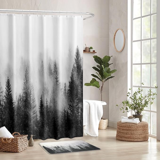 ORTIGIA Black and White Misty Forest Shower Curtain - Image 7
