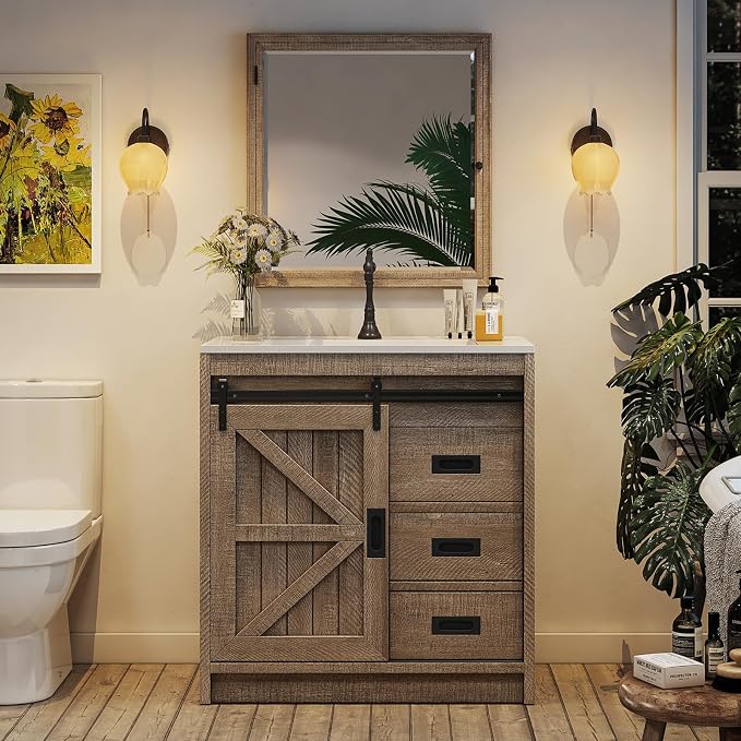31" Farmhouse Sliding Barn Door Bathroom Vanity - Image 8