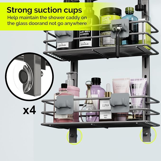 Orimade Over the Door Shower Caddy Adjustable 3 Tier Dark Grey, Bathroom - Image 7