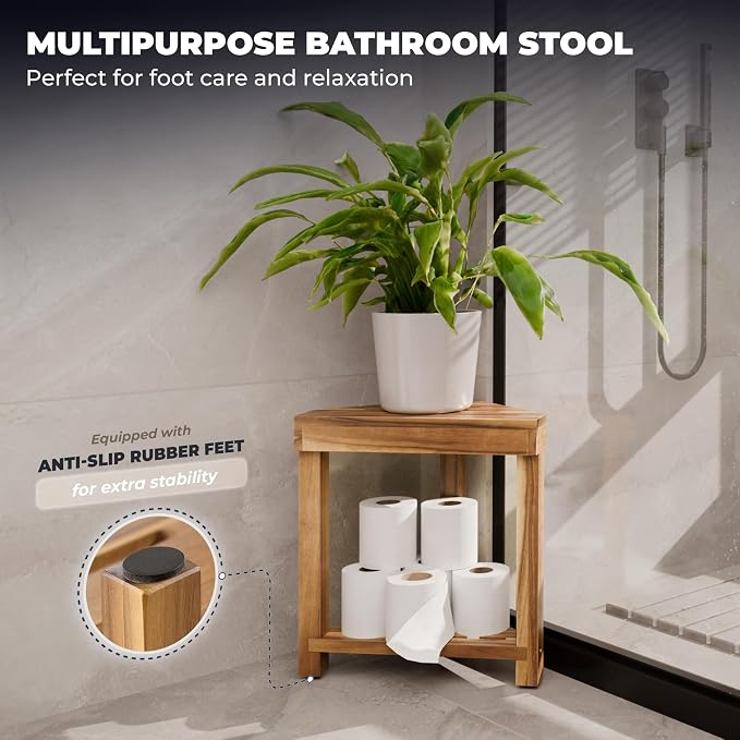 BLUEWEST 16.4" Shower Foot Rest, Corner Shower Stool, Wooden Shower Foot Stool - Image 6
