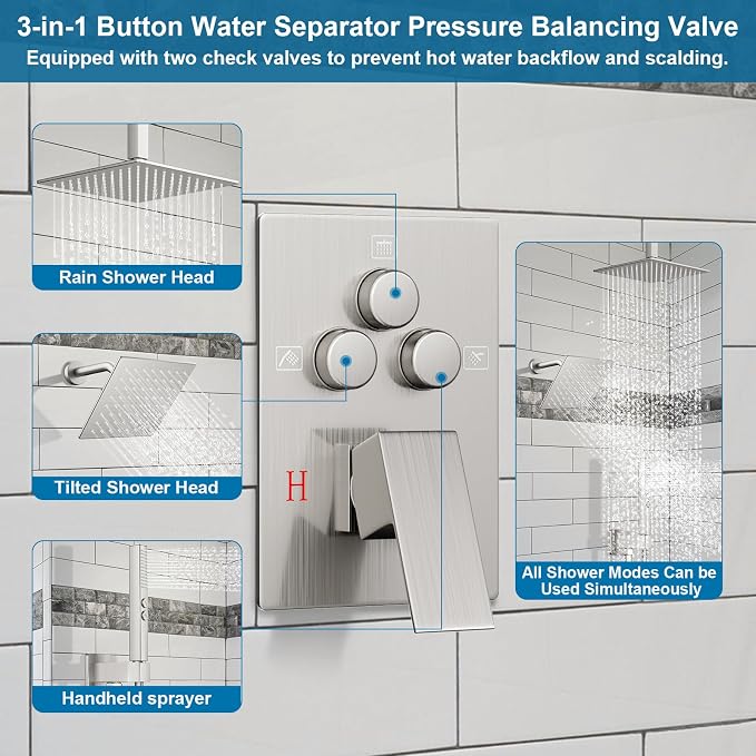 Shower Faucet Set Brushed Nickel Shower System, Ceiling Mount 10 Inch Shower - Image 3