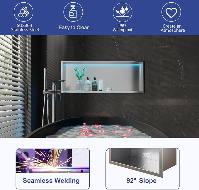 30X12 RGB Shower Niche, Brushed Nickel Stainless Steel LED Recessed Storage - Image 5