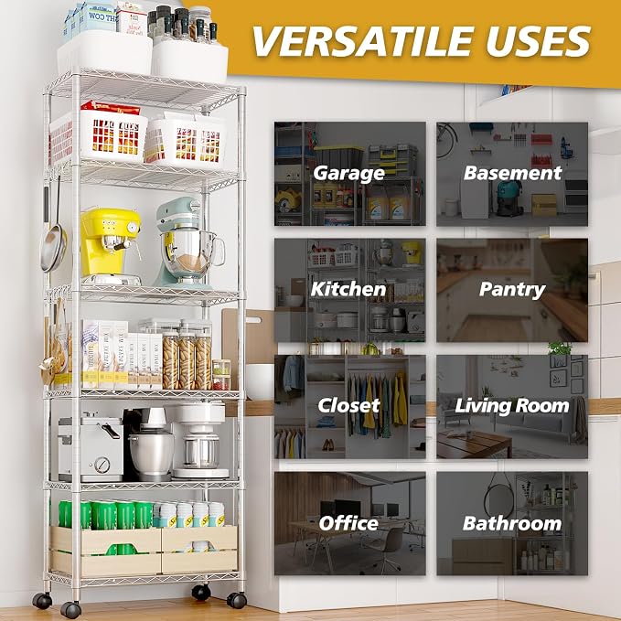 6 Tier Storage Racks Shelving, Heavy Steel Pantry Shelves, Adjustable Wire - Image 4