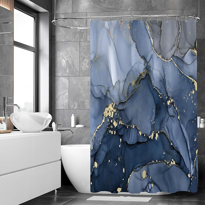 Navy Blue Marble Shower Curtain, Dark Blue Modern Abstract Fabric Shower - Image 3