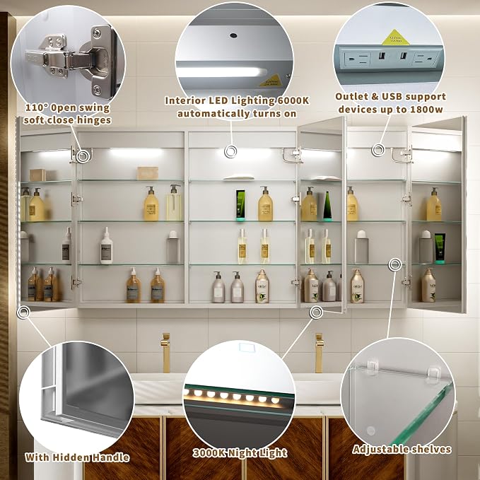 Lighted Medicine Cabinet with Mirror, Stepless Dimming & Defog, Wide Open - Image 8