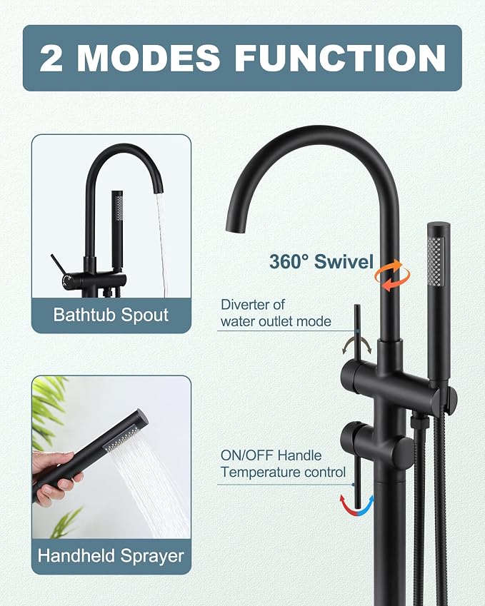 Freestanding Bathtub Faucet Matte Black: Floor Mount Tub Filler, High Flow - Image 2
