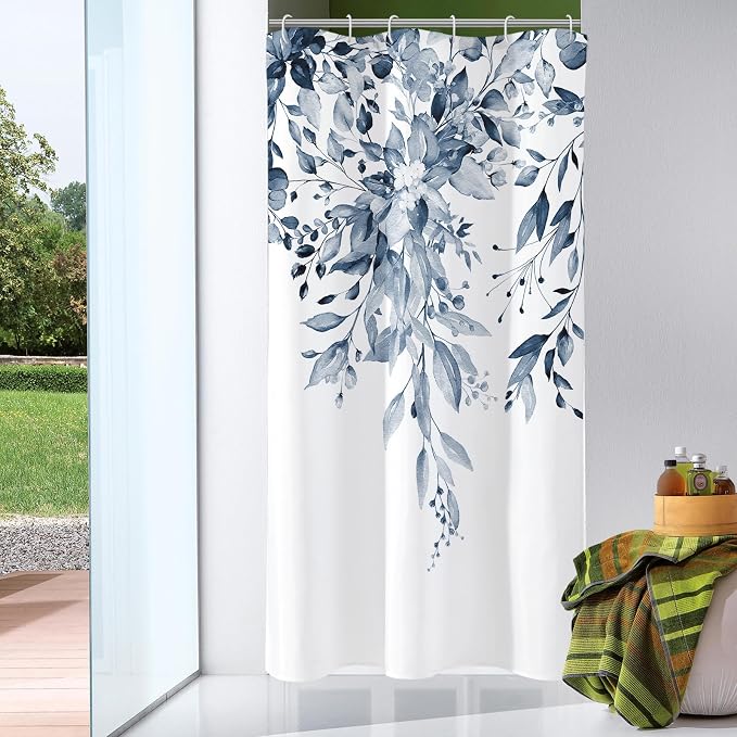 Gibelle Small Stall Shower Curtain 36 x 72, Narrow Navy Blue Floral Shower by Gibelle