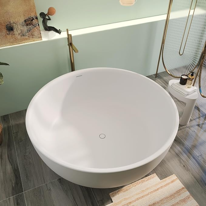 59" x 59" Premium Solid Surface Freestanding Bath Tub, Upgraded Round Soaking - Image 3