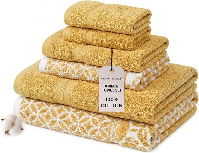 Modern Threads Trefoil Filigree 6-Piece 100% Cotton Towel Set – Reversible Yarn by ModernThreads