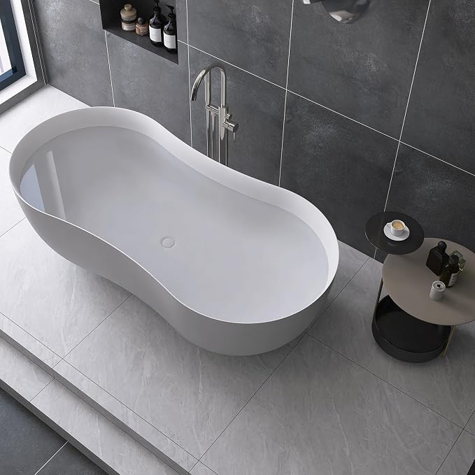 67 Inch Stone Resin Freestanding Bathtub, Contemporary Peanut Oval Stand Alone - Image 9