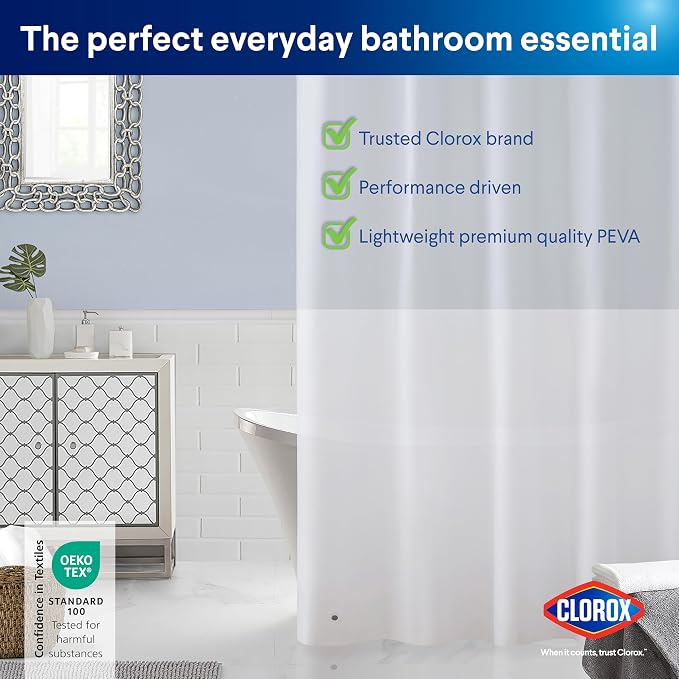 CLOROX Shower Curtain Liner & Hooks, Premium Lightweight Flexible Waterproof 4g - Image 9