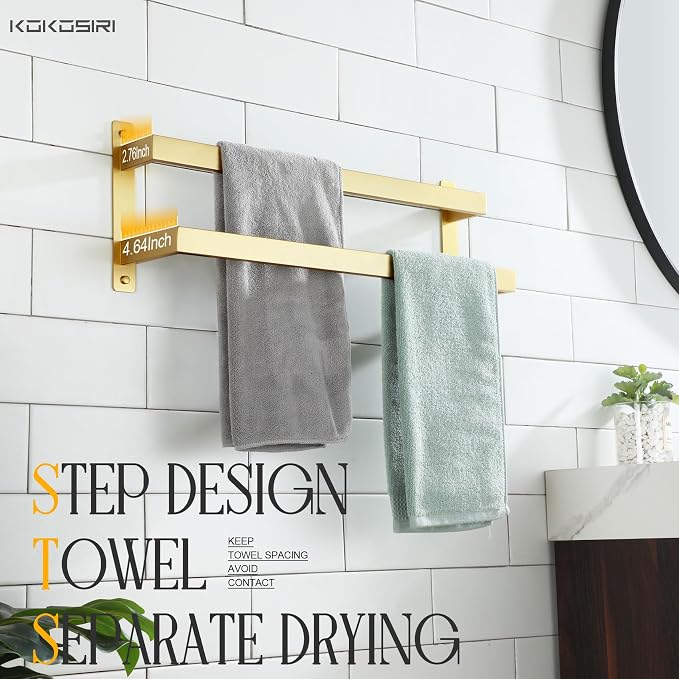 KOKOSIRI Bath Towel Bars 20-Inch Bathroom 2-Tiers Ladder Brushed Gold Towel - Image 5