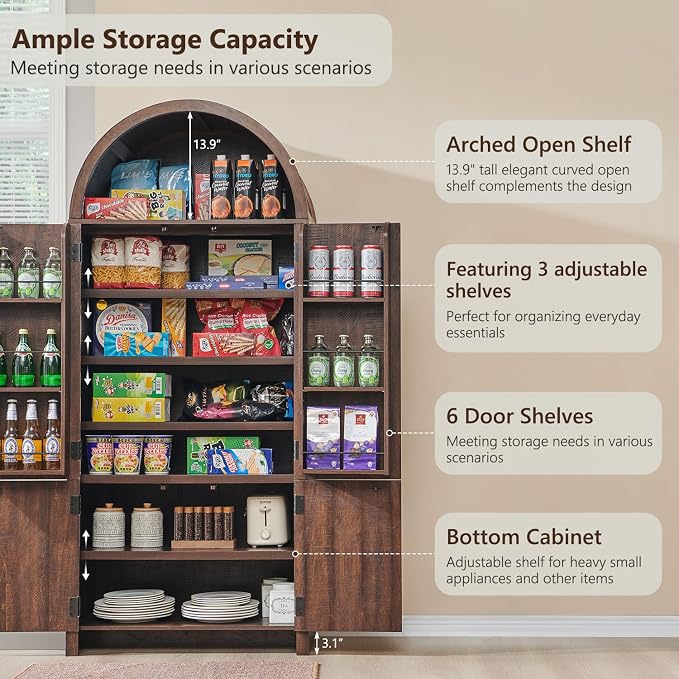 71" Tall Arched Kitchen Pantry, Modern Fluted Wood Storage Cabinet - Image 4