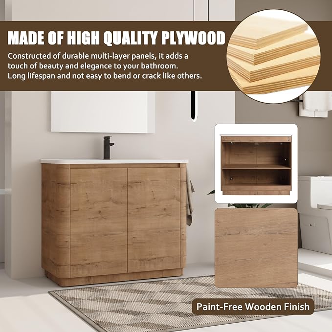 40 Inch Bathroom Vanity with Sink, Premium Plywood Wooden Cabinet with Soft - Image 3