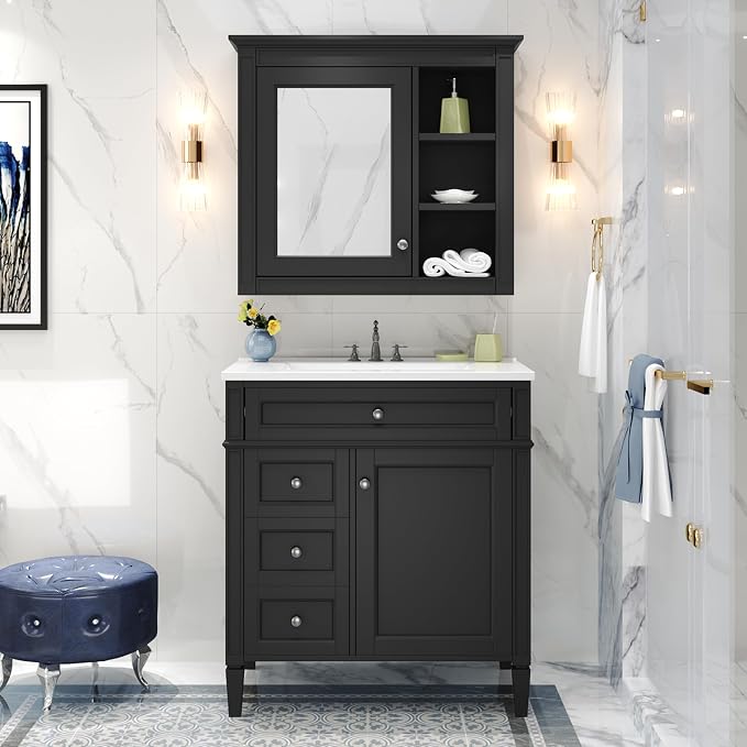 30" Bathroom Vanity with Matching Medicine Cabinet, Modern Sink Storage Cabinet by Virubi