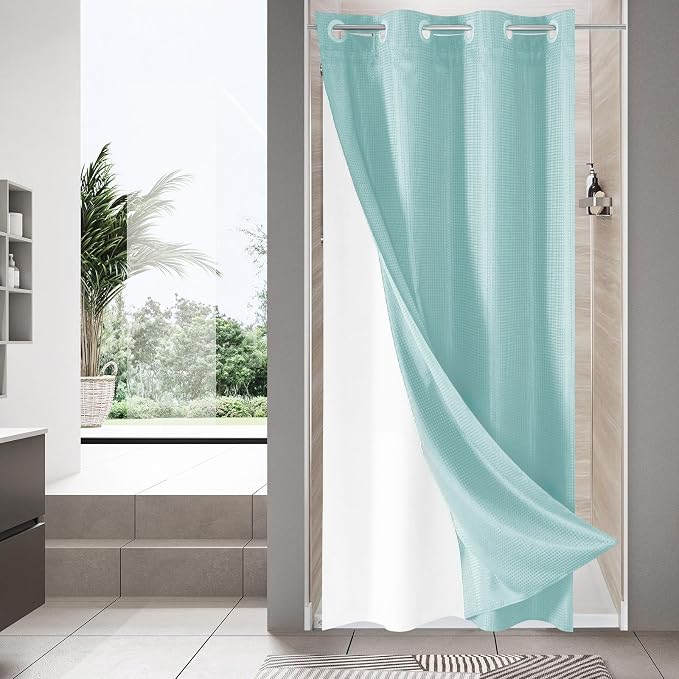 MitoVilla Teal Waffle Small Stall Shower Curtain Liner Set 36 x 74, No Hooks by MitoVilla