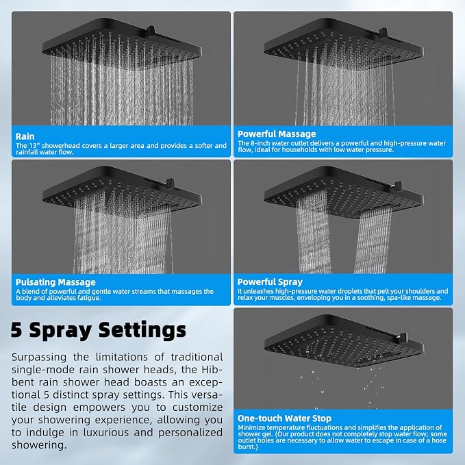 Hibbent Upgraded 5-spray 13'' Dual Filtered Rainfall Shower Head Combo - Image 2