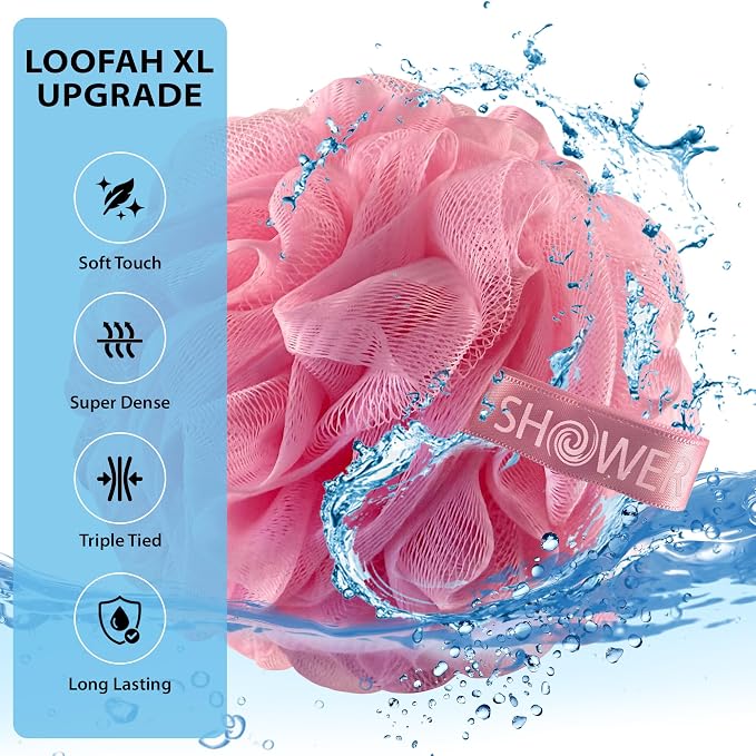 SHOWER BOUQUET Pink-Loofah Bath-Sponge XL 4-Pack // Extra Large 75g Soft Mesh - Image 3