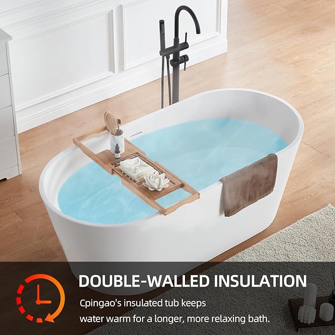 Cpingao 67" Solid Surface Freestanding Bathtub, Modern Oval Stone Resin Stand - Image 7