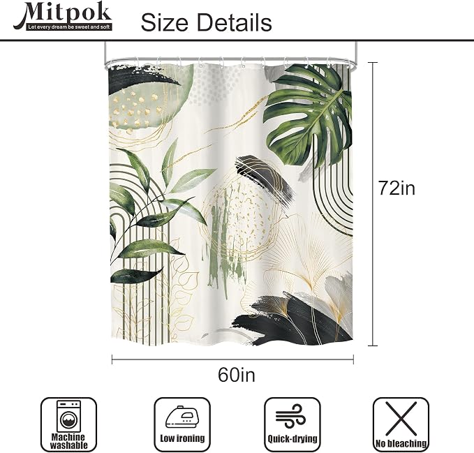 Grey Green Boho Shower Curtain 60Wx72H Tropical Palm Leaves Abstract Mid - Image 4