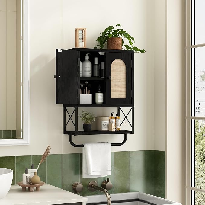 RUSTOWN Rattan Bathroom Wall Cabinet, Boho Over The Toilet Storage Cabinet - Image 5