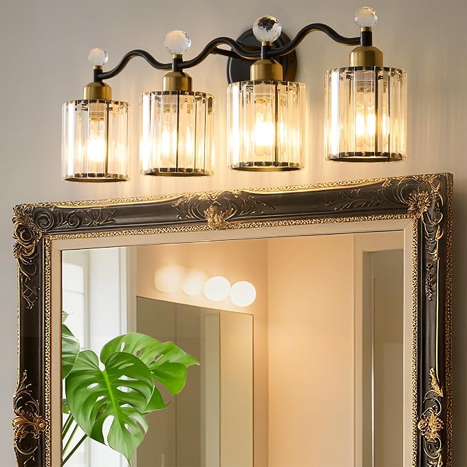 Modern Crystal Bathroom Vanity Light, Balck and Gold 4-Lights Bathroom Light by iYoee