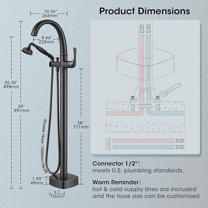 Free Standing Tub Faucet, Jabbol Premium Brass Luxury Freestanding Bathtub - Image 6