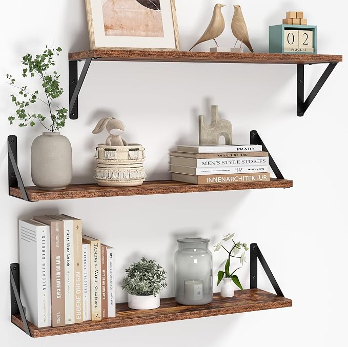 Heimlove Floating Shelves for Wall, 24 Inch Long Wood Floating Shelves Set of 3 by Heimlove