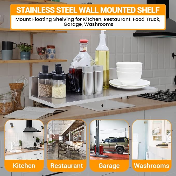 Stainless Steel Wall Shelf 8.6"x24" 60LB, 2 Packs L-Shaped Commercial Wall - Image 6