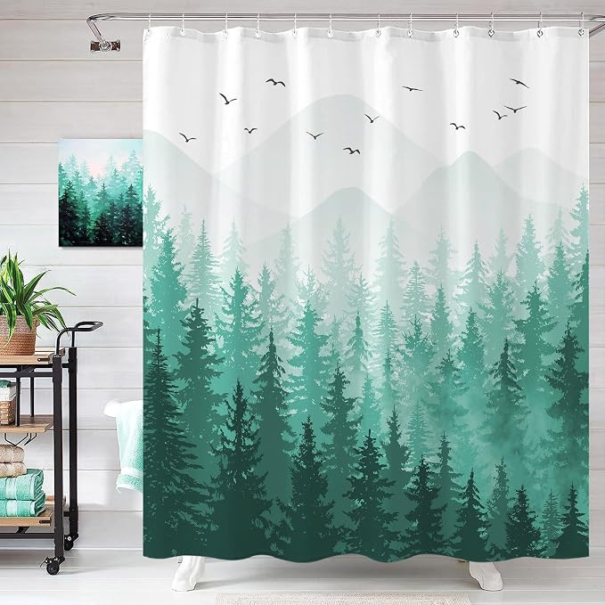 Aipon Teal Misty Forest Shower Curtain Ombre Nature Tree Plants Shower Curtains - Image 5