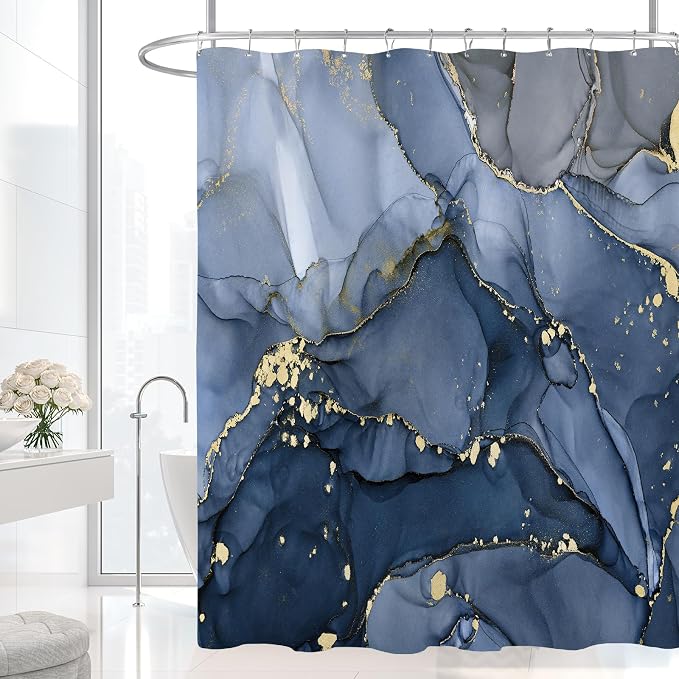 Navy Blue Marble Shower Curtain, Dark Blue Modern Abstract Fabric Shower - Image 2