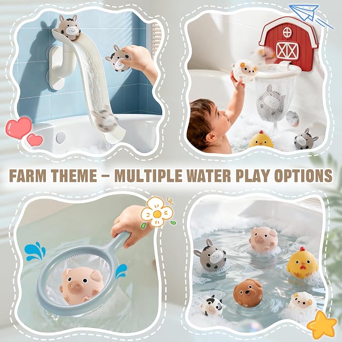 No-Hole Farm Bath Toys for Toddlers 1-3 | Slide, Basketball Hoop & 6 Animal Set - Image 2