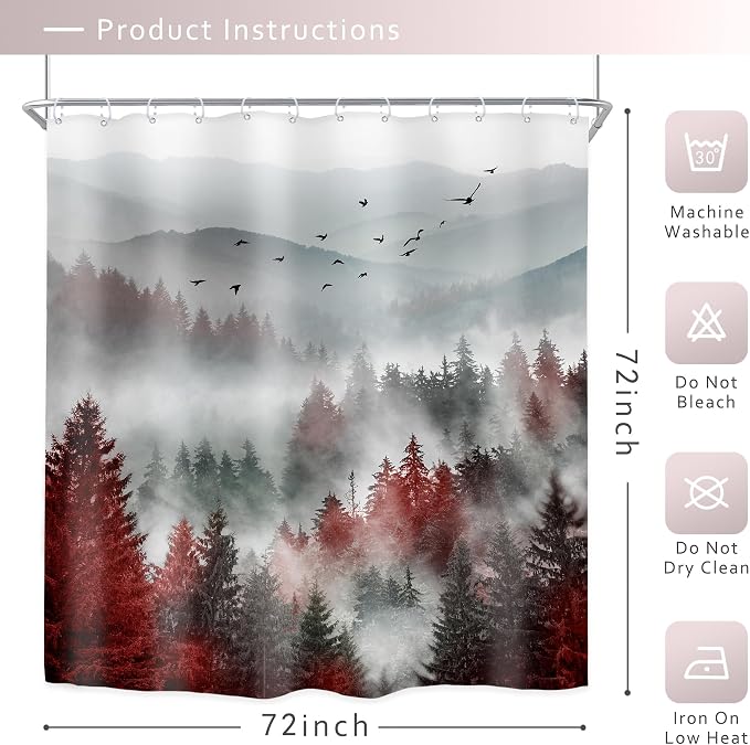 Riyidecor Red Black Mountain Shower Curtain 72Wx72H Inch Nature Scenery Foggy - Image 5