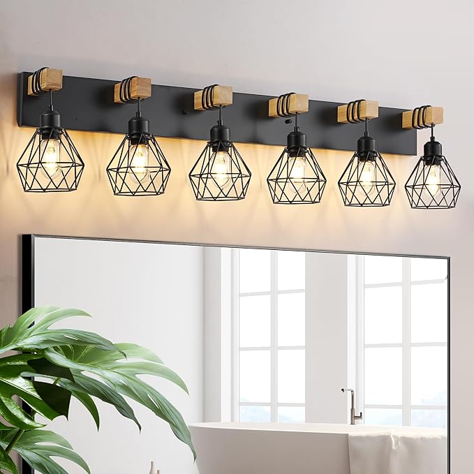 Farmhouse Vanity Light for Bathroom, 6-Light Wood Bathroom Vanity Light by LIGHTUPYOURLIFE