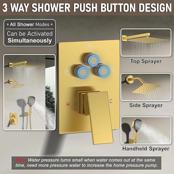 Shower Faucet Set Brushed Gold Shower System, Push Button Diverter 3-Way Shower - Image 2