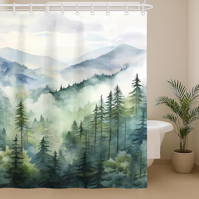 Coveted Goods 72" x 84" Mountain Forest Shower Curtain, Misty Pine Tree - Image 5