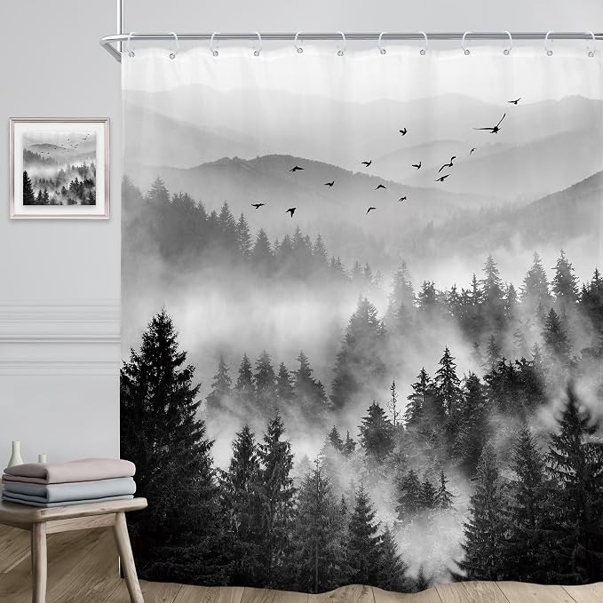 Riyidecor Black and White Shower Curtain 72Wx96H Inch Extra Long Mountain - Image 3