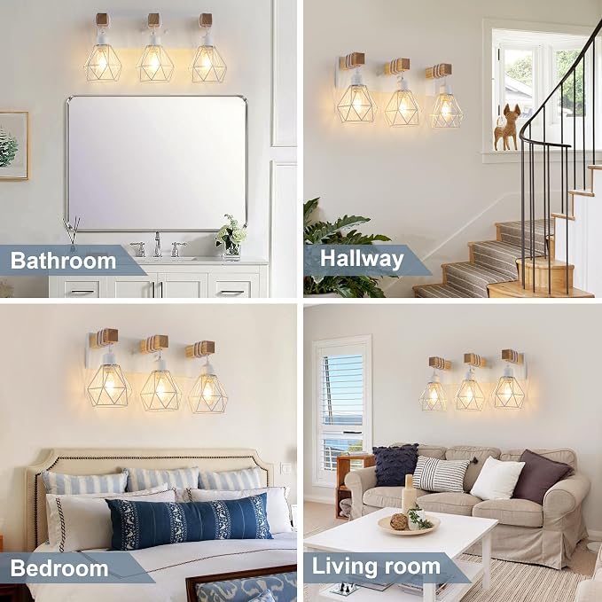 Farmhouse Vanity Light for Bathroom, 3-Light White Wood Bathroom Vanity Light - Image 7