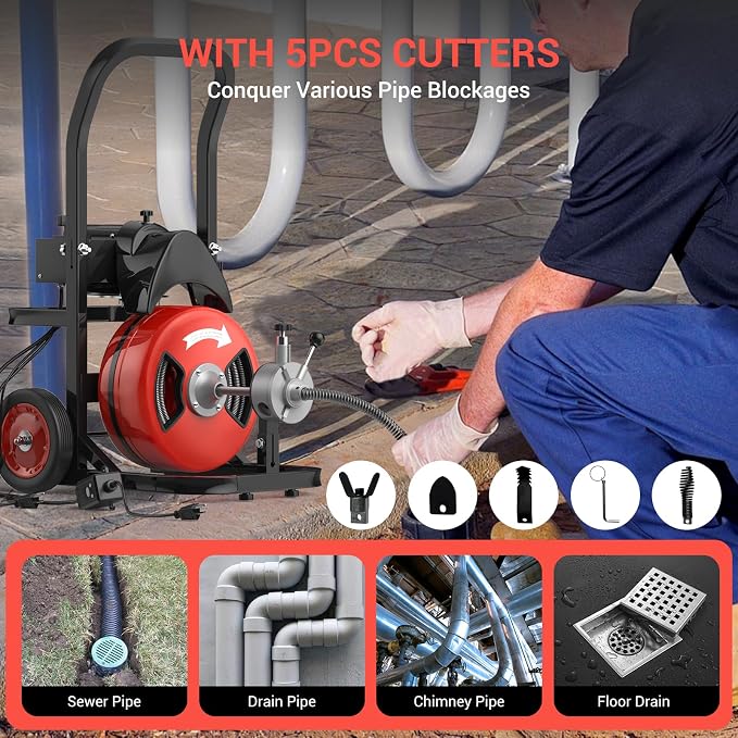 Electric Drain Cleaning Machine 75Ft 1/2 Inch, 450W Auto Feed Portable Sewer - Image 6