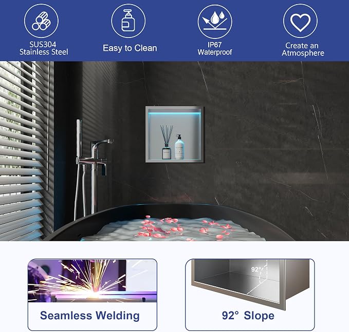12X12 RGB Shower Niche, Brushed Nickel Stainless Steel LED Wall Niche, No Tile - Image 4