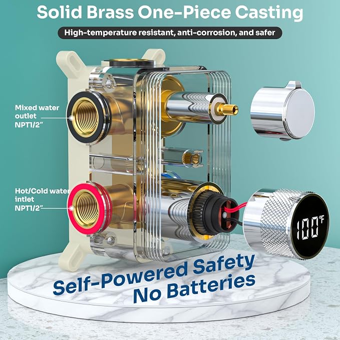 Temperature Display Shower Valve 3 Way Brass Rough-in Mixer and Round Trim Kit - Image 3