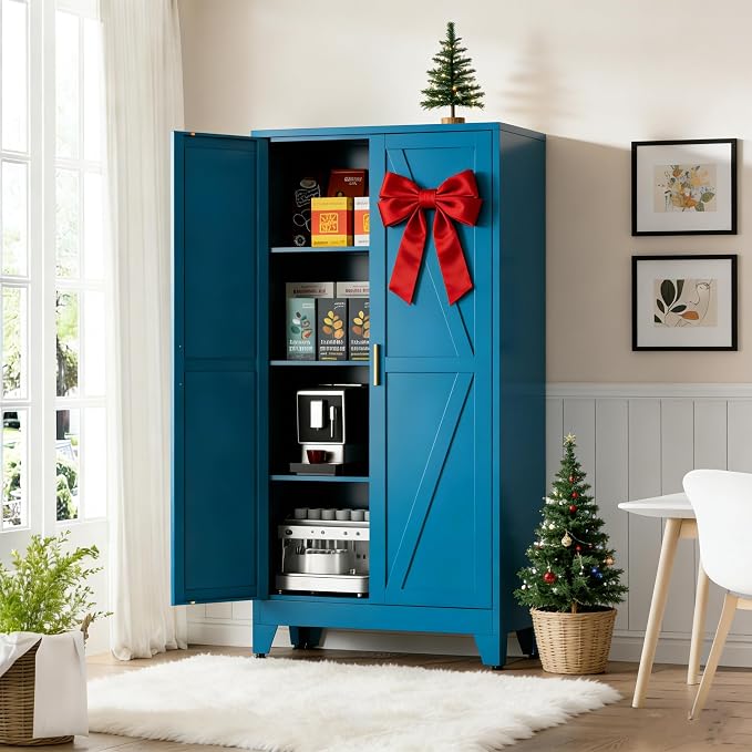 Blue Metal Kitchen Pantry Cabinet, Rustic Freestanding Cupboard - Image 3