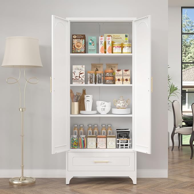 Metal Storage Cabinet with Drawers, 75Inch White Pantry Cabinets - Image 2