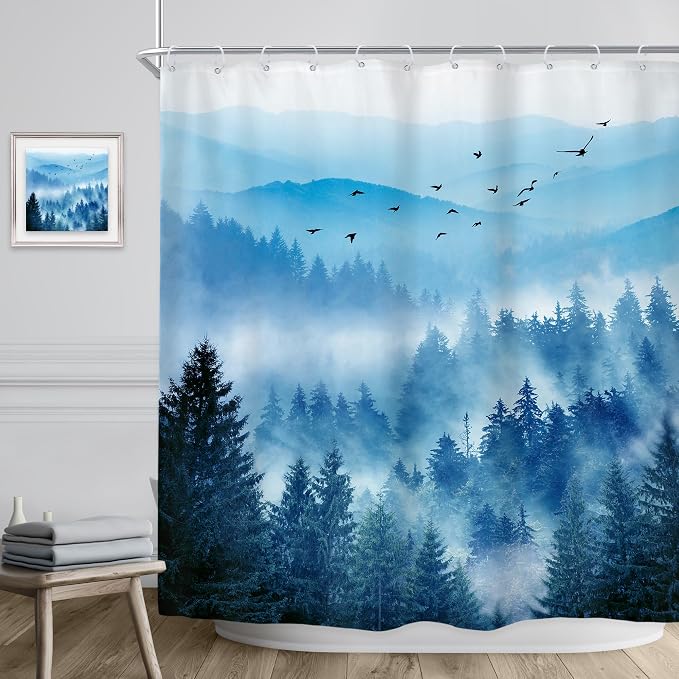 Riyidecor Navy Blue Mountain Shower Curtain 72Wx84H Inch Extra Long Woodland - Image 3