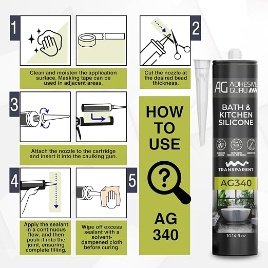 Adhesive Guru AG340 Clear Silicone Sealant, 100% Silicone Caulk, Weatherproof & - Image 3