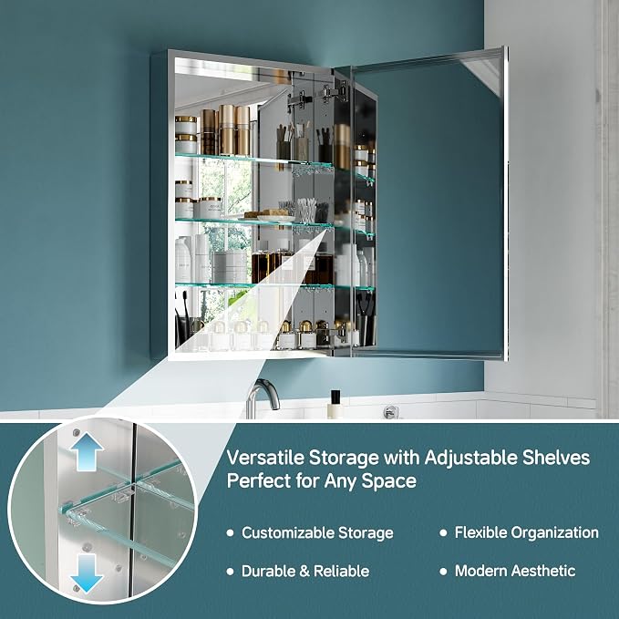 20"x30" Medicine Cabinet Mirror, Aluminum Silver Recessed Medicine Cabinet - Image 4