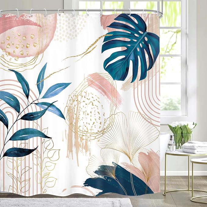 Pink Blue Boho Shower Curtain Modern Abstract Tropical Palm Leaves Bohemian by MitpokBrand