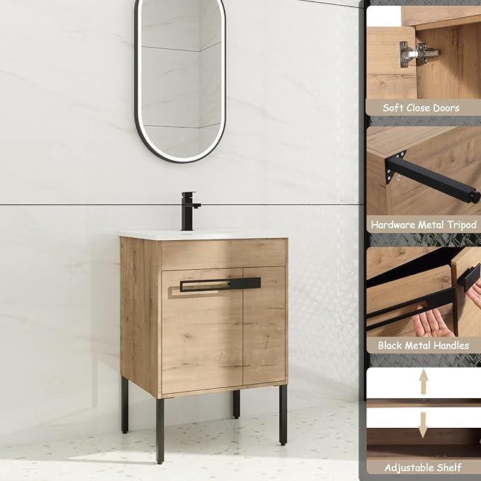24 inch Bathroom Vanity with Sink, Single Sink Modern Mid Century Bathroom - Image 3
